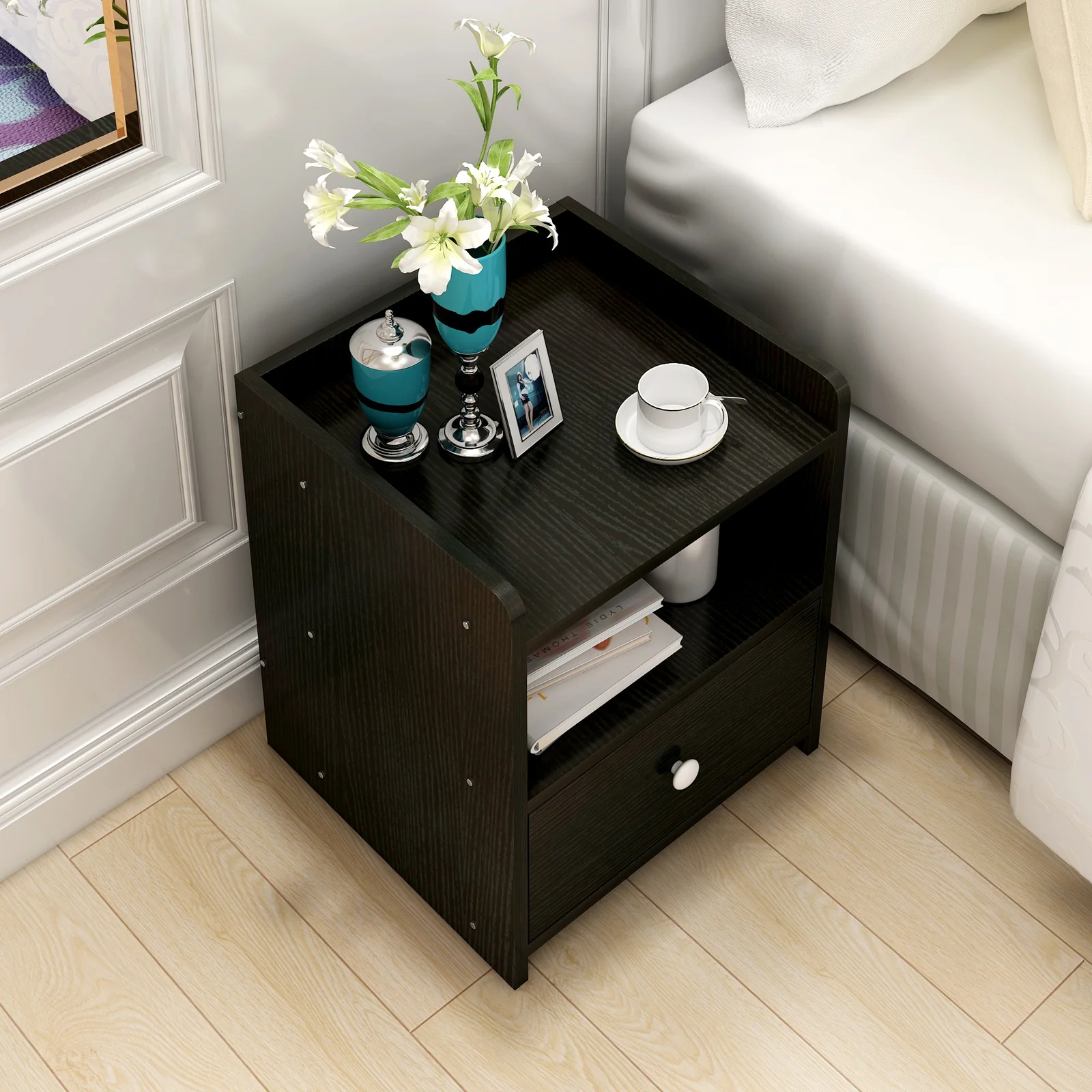 2 x Varossa Classic Bedside Table with Drawer (Black Wood) - Image 4