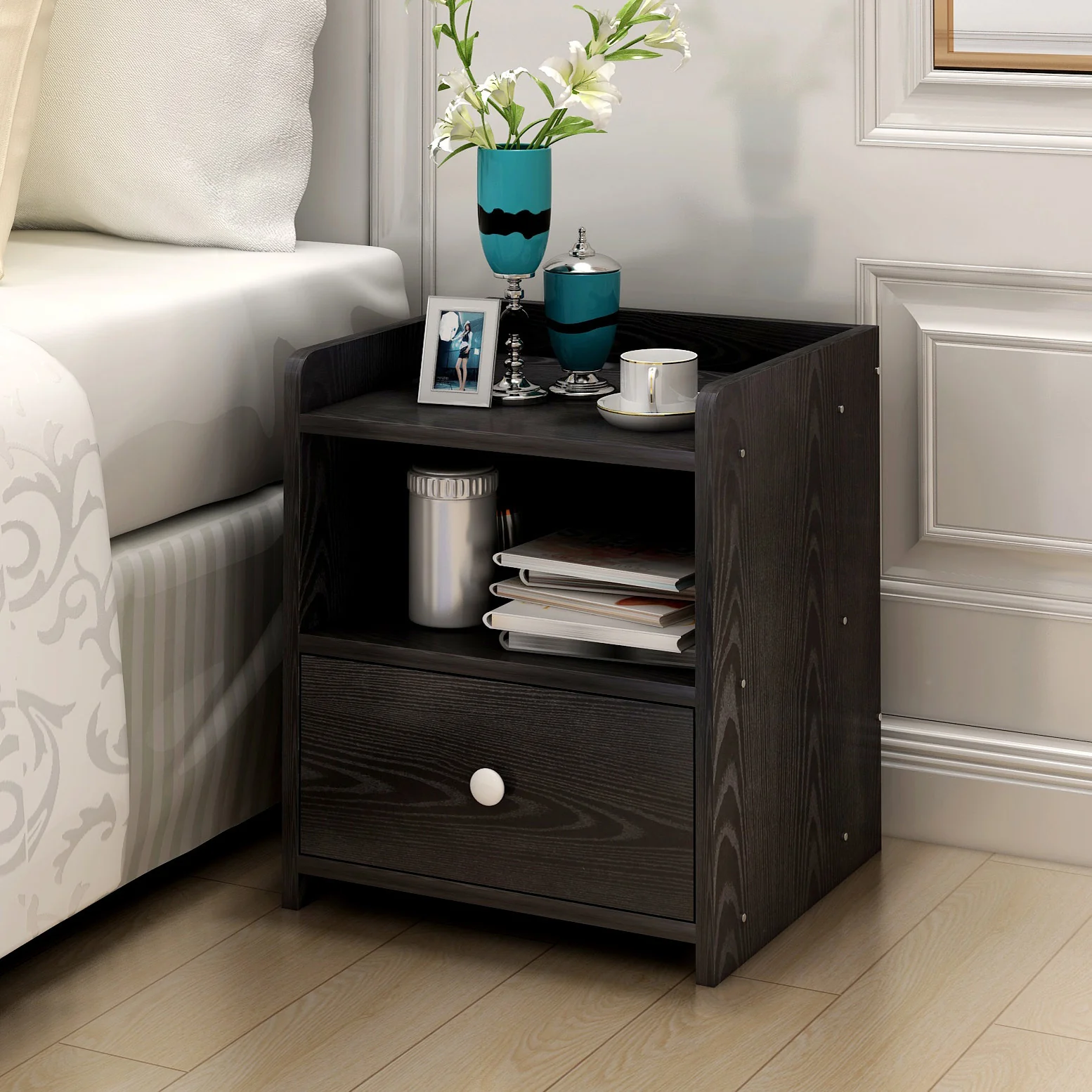 2 x Varossa Classic Bedside Table with Drawer (Black Wood) - Image 5
