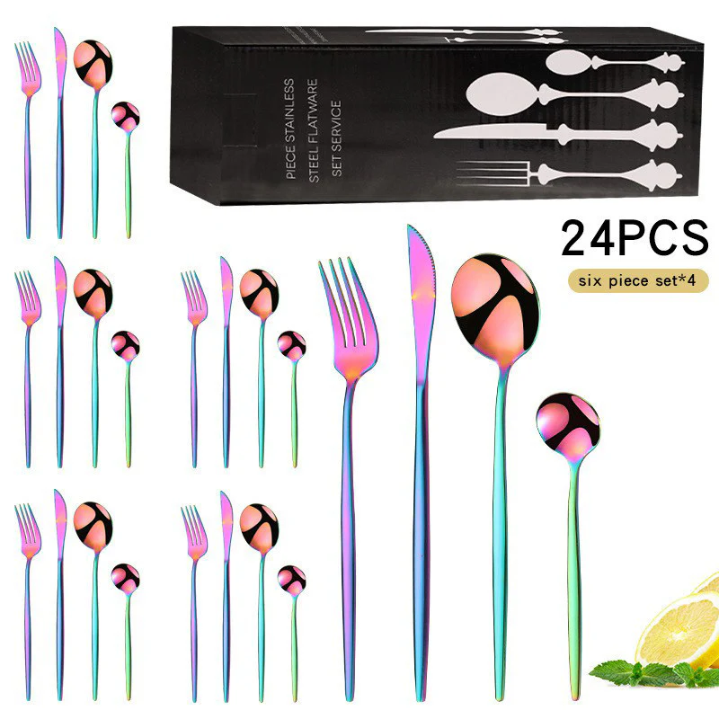 24PC Stainless Steel Cutlery Set Knife Fork Spoon Kitchen Tableware (Colourful) - Image 16