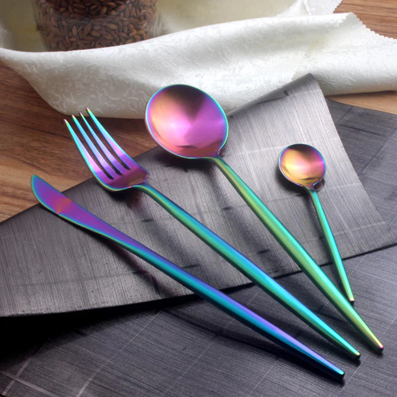 24PC Stainless Steel Cutlery Set Knife Fork Spoon Kitchen Tableware (Colourful) - Image 3