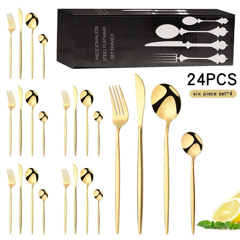 24PC Stainless Steel Cutlery Set Knife Fork Spoon Kitchen Tableware (Gold) - Image 17