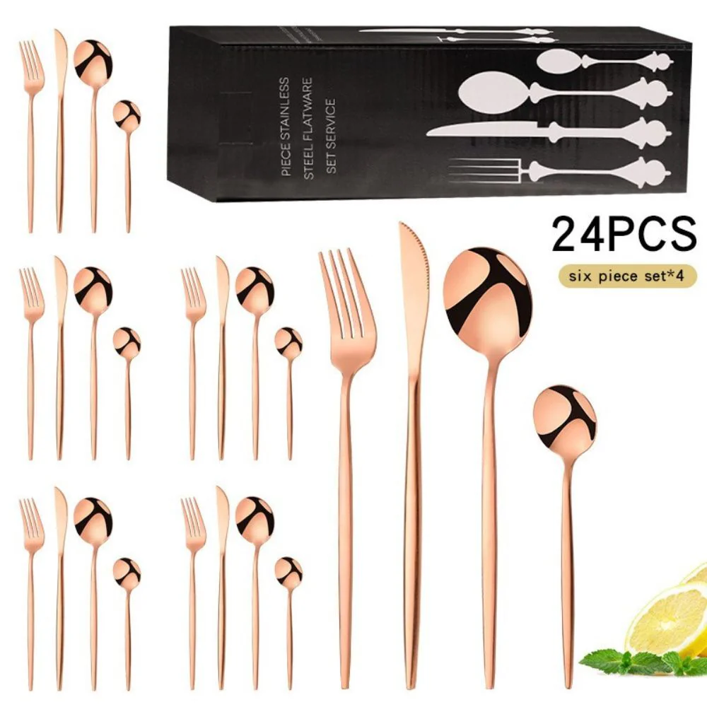 24PC Stainless Steel Cutlery Set Knife Fork Spoon Kitchen Tableware (Rose Gold) - Image 21