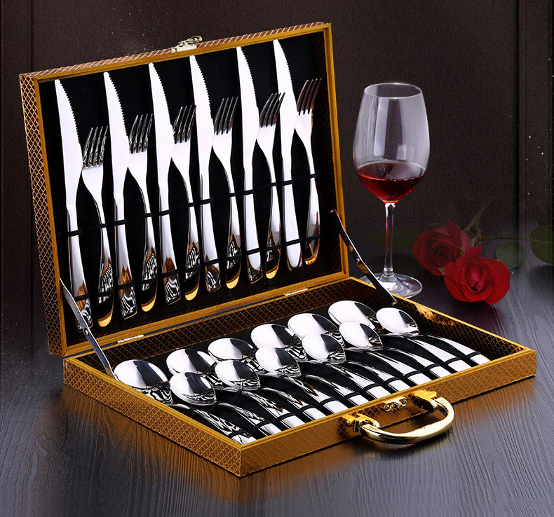 24PC Stainless Steel Knife and Fork Cutlery Set in Gold Box - Image 2
