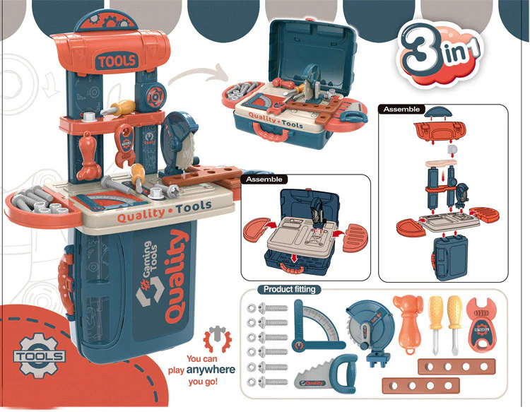 3 in 1 Tool Bench Toolbox Set Kids Pretend Play Toy - Image 5