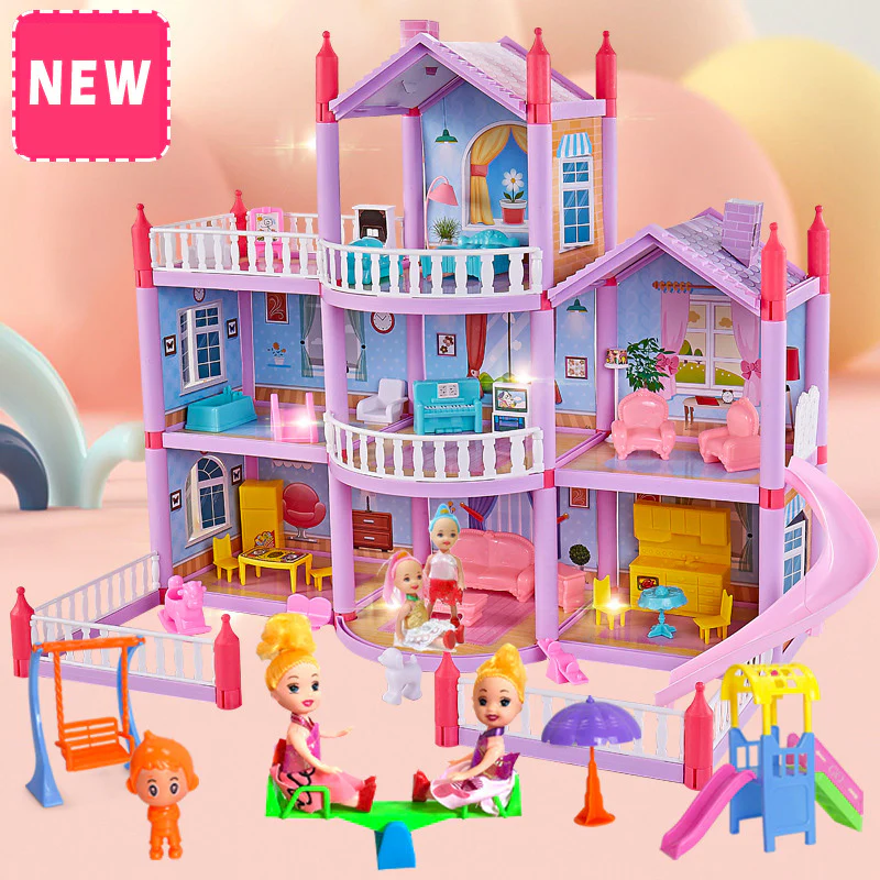 3-level Large Dreamhouse Mansion Doll House Princess Villa Toy Set with Dolls & Furnitur - Image 2