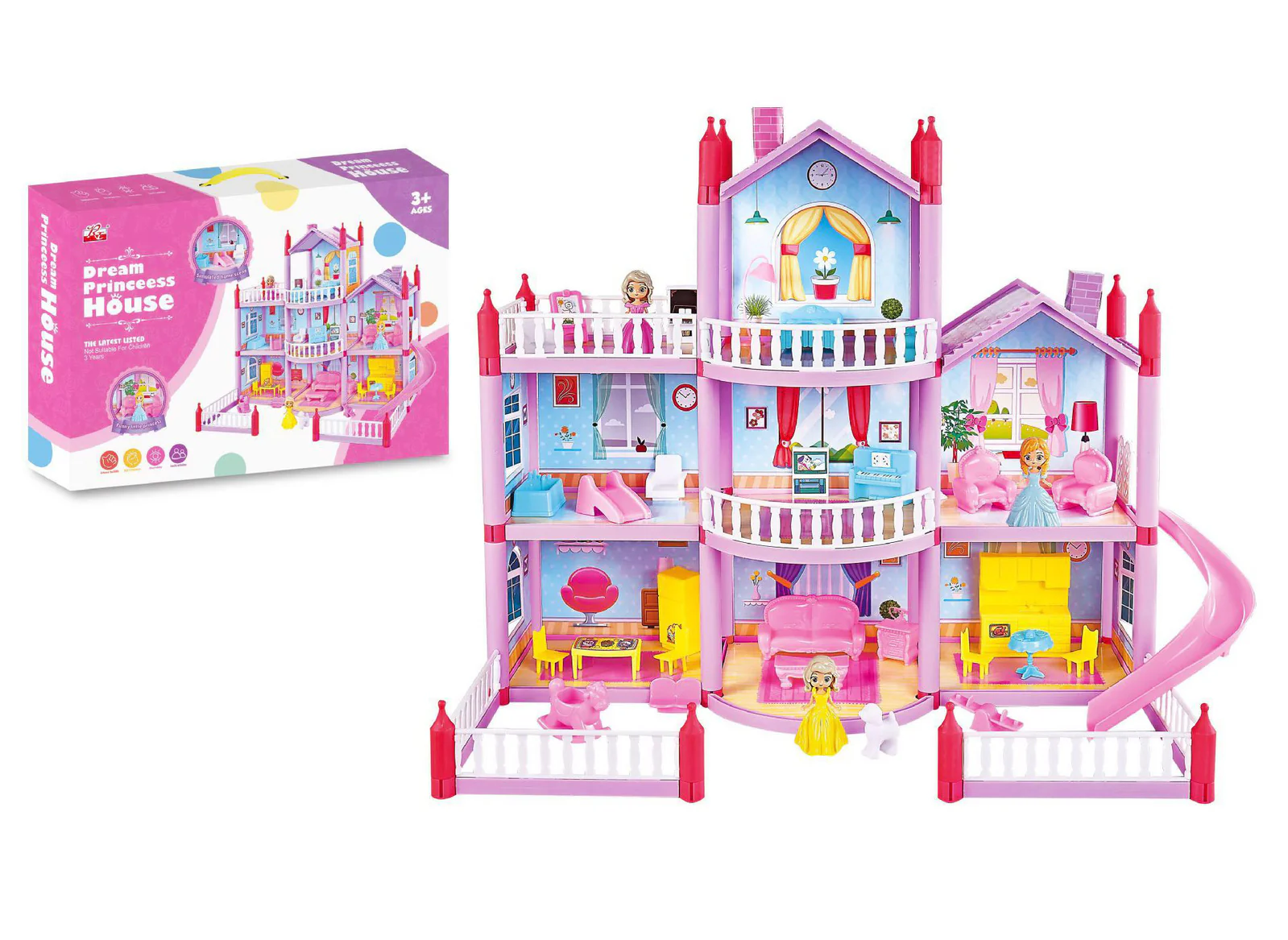 3-level Large Dreamhouse Mansion Doll House Princess Villa Toy Set with Dolls & Furnitur - Image 5