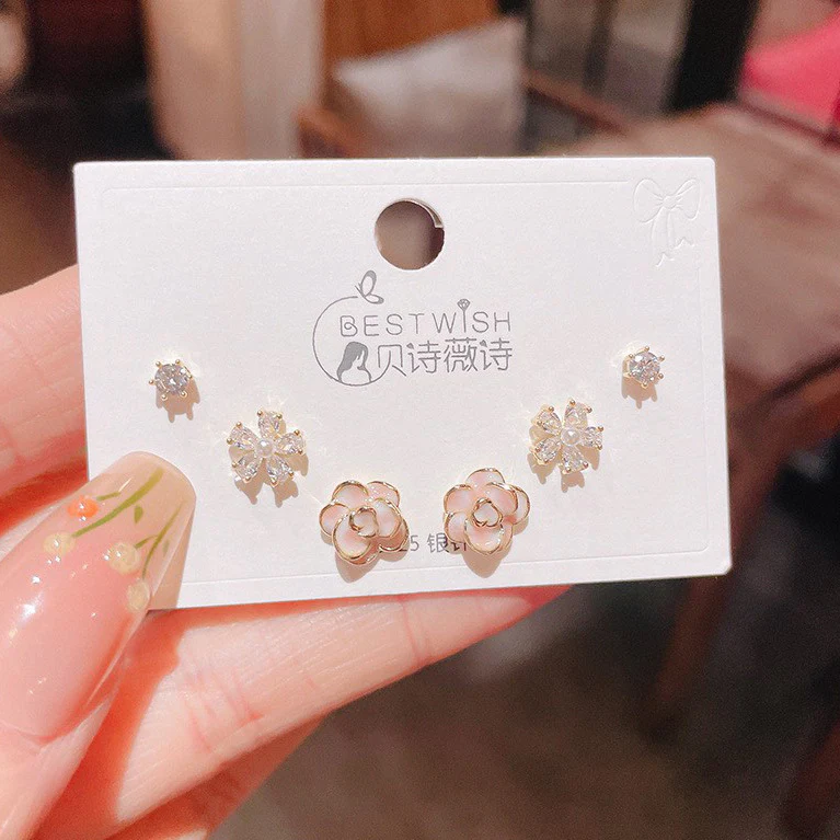 3 Pairs Beautiful Blossom Sterling Silver Stud Earrings Set - Image 3