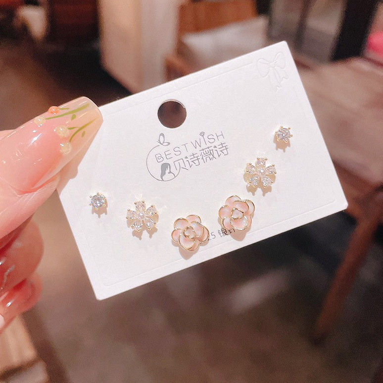 3 Pairs Beautiful Blossom Sterling Silver Stud Earrings Set - Image 4