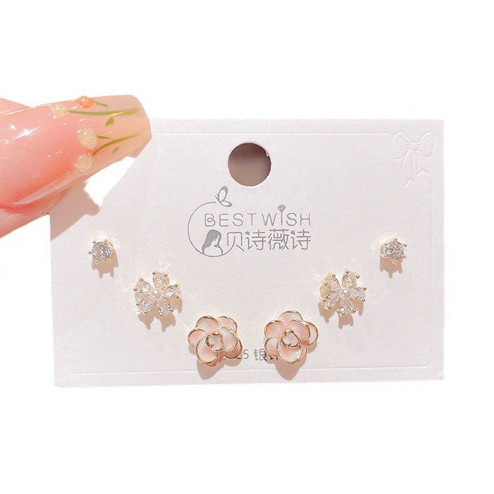 3 Pairs Beautiful Blossom Sterling Silver Stud Earrings Set - Image 5