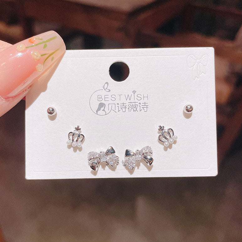 3 Pairs Enchanted Bow and Crown Sterling Silver Stud Earrings Set - Image 2
