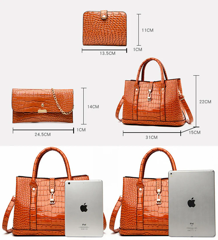 3 PCS Luxe Faux Crocodile Leather Handbag Set, Large Tote, Shoulder Bag, Purse Wallet (Black) - Image 6