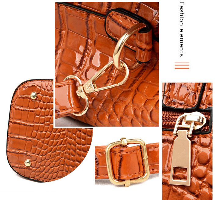 3 PCS Luxe Faux Crocodile Leather Handbag Set, Large Tote, Shoulder Bag, Purse Wallet (Black) - Image 7