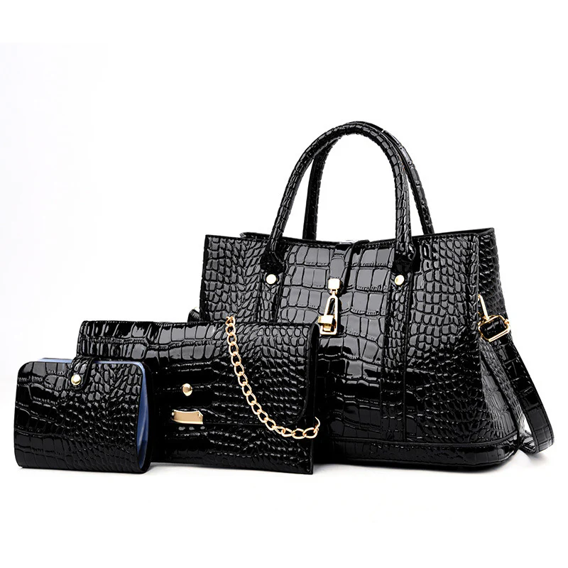 3 PCS Luxe Faux Crocodile Leather Handbag Set, Large Tote, Shoulder Bag, Purse Wallet (Black) - Image 8
