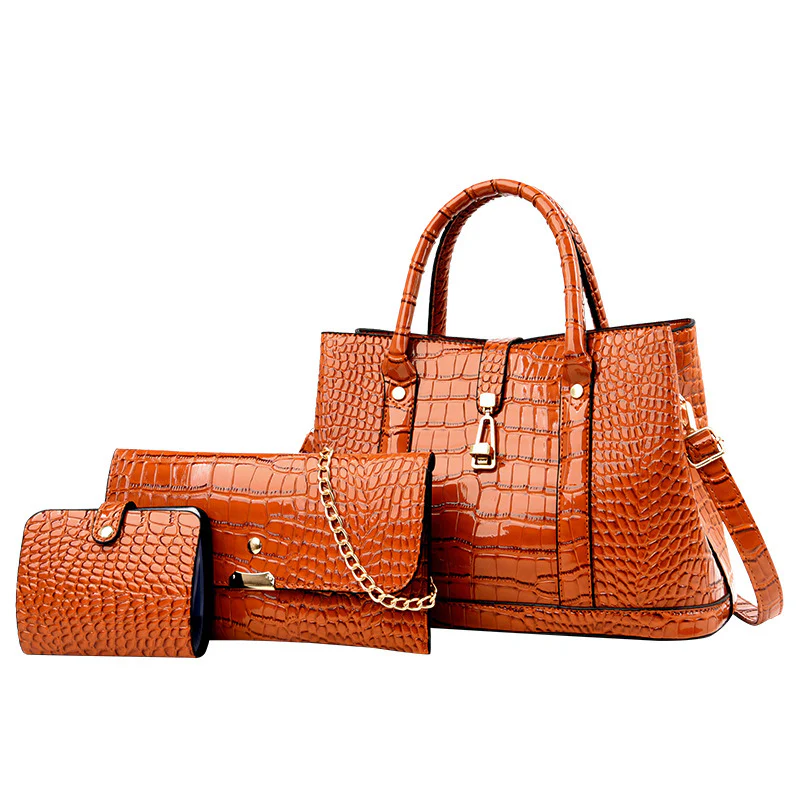 3 PCS Luxe Faux Crocodile Leather Handbag Set, Large Tote, Shoulder Bag, Purse Wallet (Brown) - Image 10