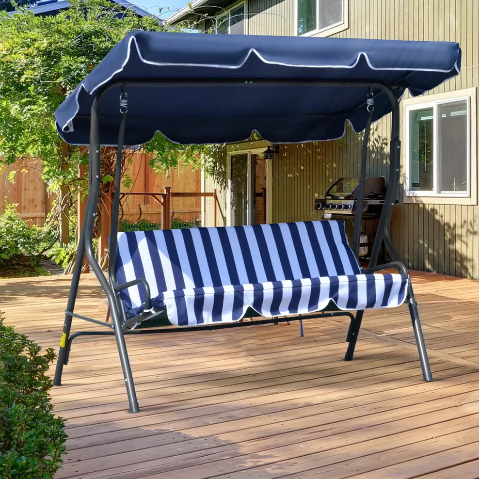 3-Person Outdoor Swing Chair with Padded Cushion (Blue) - Image 4