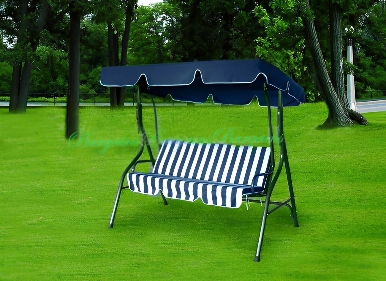 3-Person Outdoor Swing Chair with Padded Cushion (Blue) - Image 7