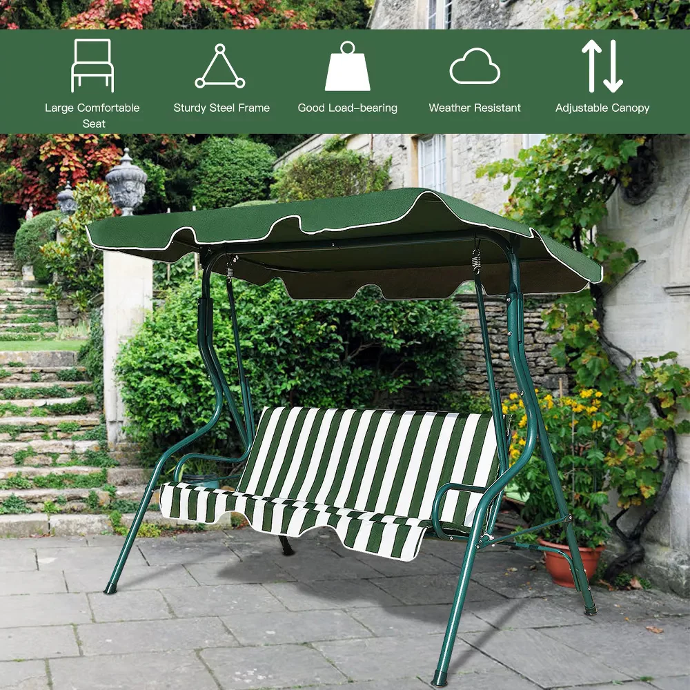 3-Person Outdoor Swing Chair with Padded Cushion (Green) - Image 10