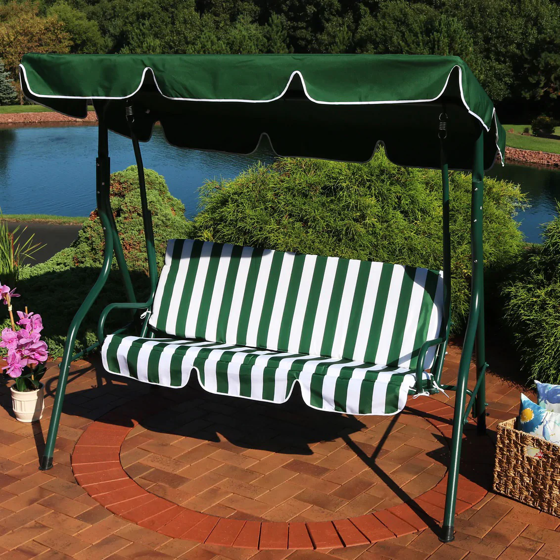 3-Person Outdoor Swing Chair with Padded Cushion (Green) - Image 6