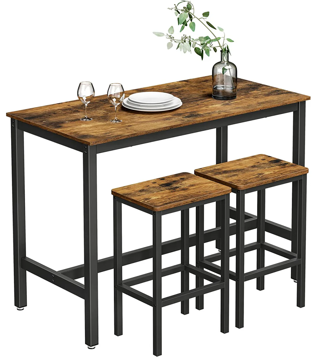 3 Piece Grandeur Premium Rustic Wood & Steel Bar Table and Stools Dinning Set - Image 2