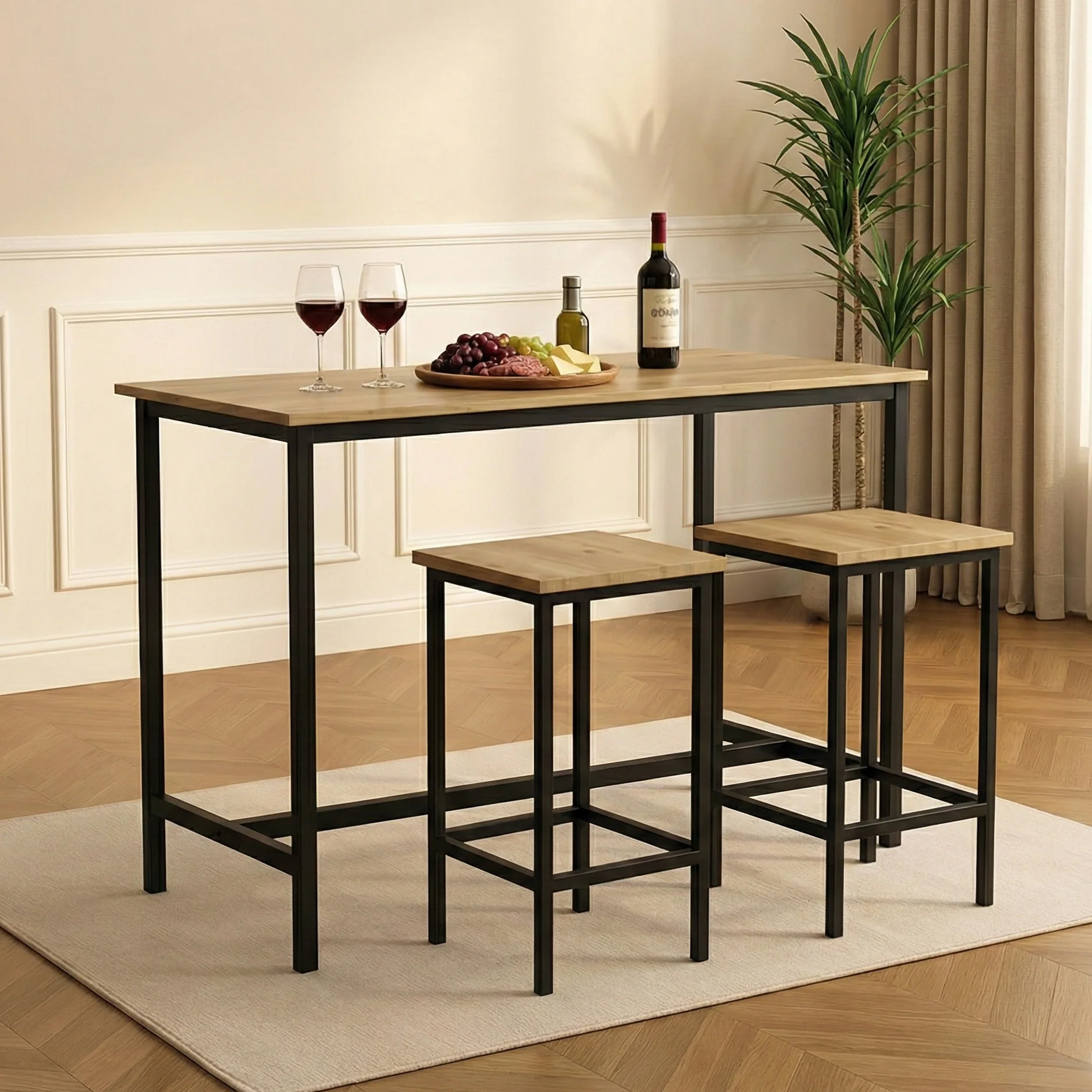 3 Piece Grandeur Premium Wood & Steel Bar Table and Stools Dinning Set (Rustic Oak) - Image 11