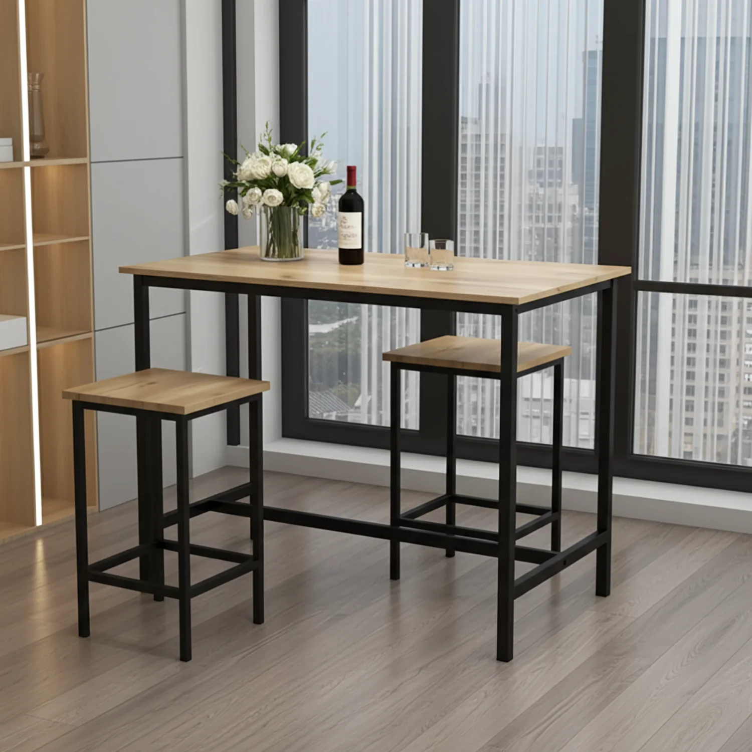 3 Piece Grandeur Premium Wood & Steel Bar Table and Stools Dinning Set (Rustic Oak) - Image 16