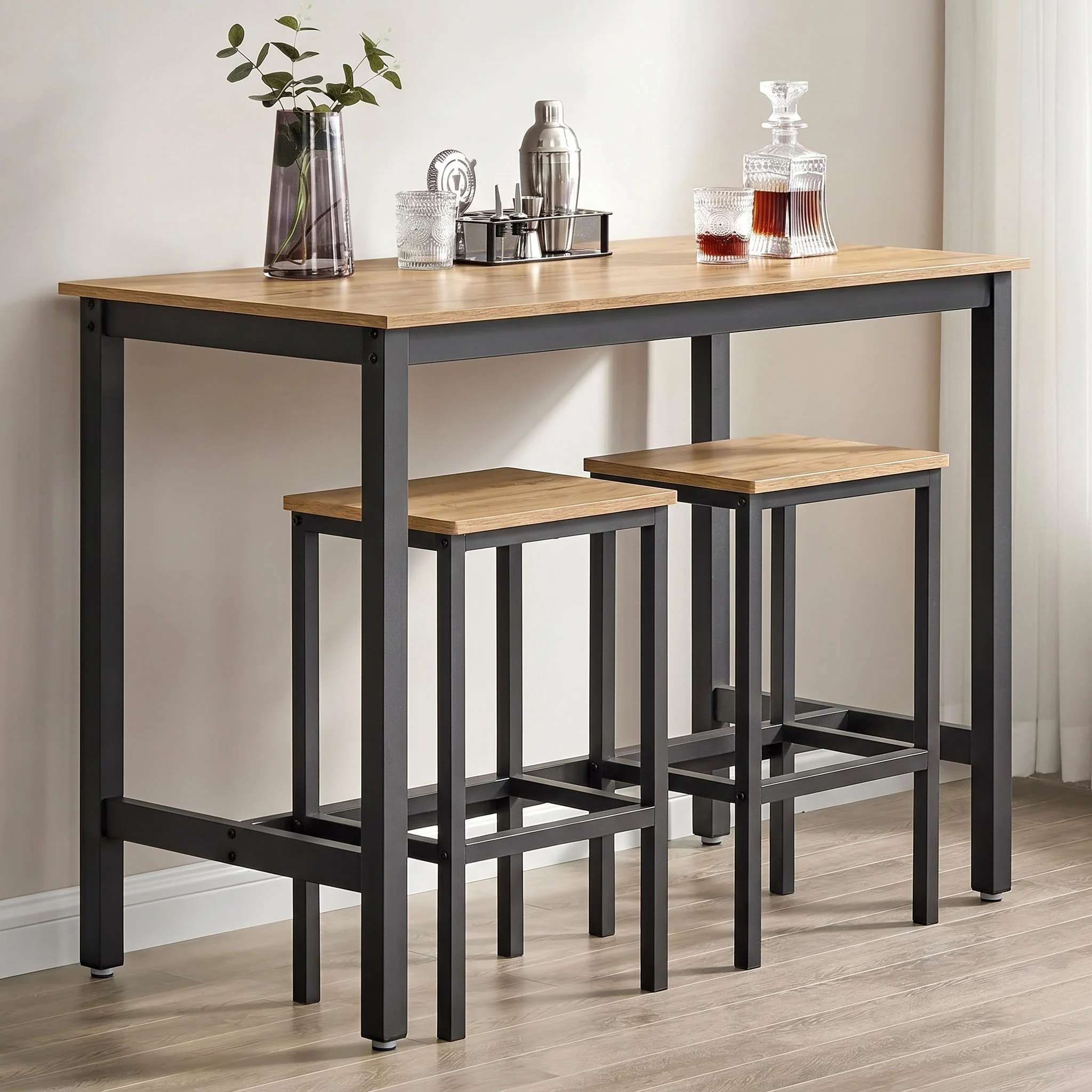 3 Piece Grandeur Premium Wood & Steel Bar Table and Stools Dinning Set (Rustic Oak) - Image 17