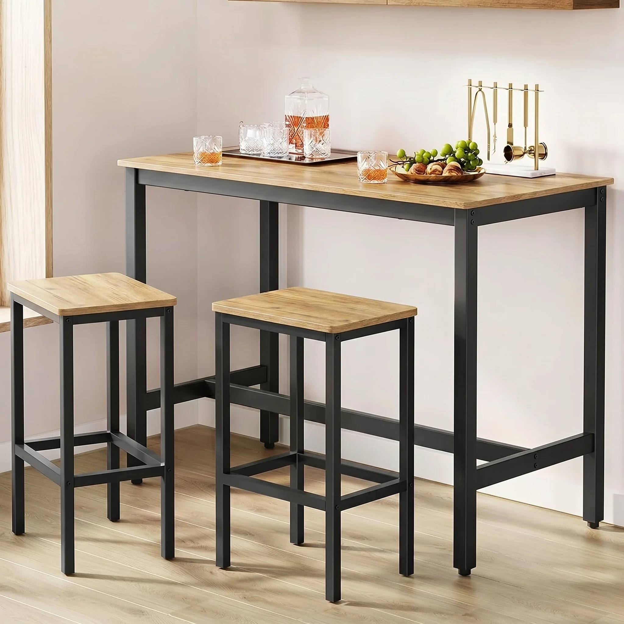 3 Piece Grandeur Premium Wood & Steel Bar Table and Stools Dinning Set (Rustic Oak) - Image 3