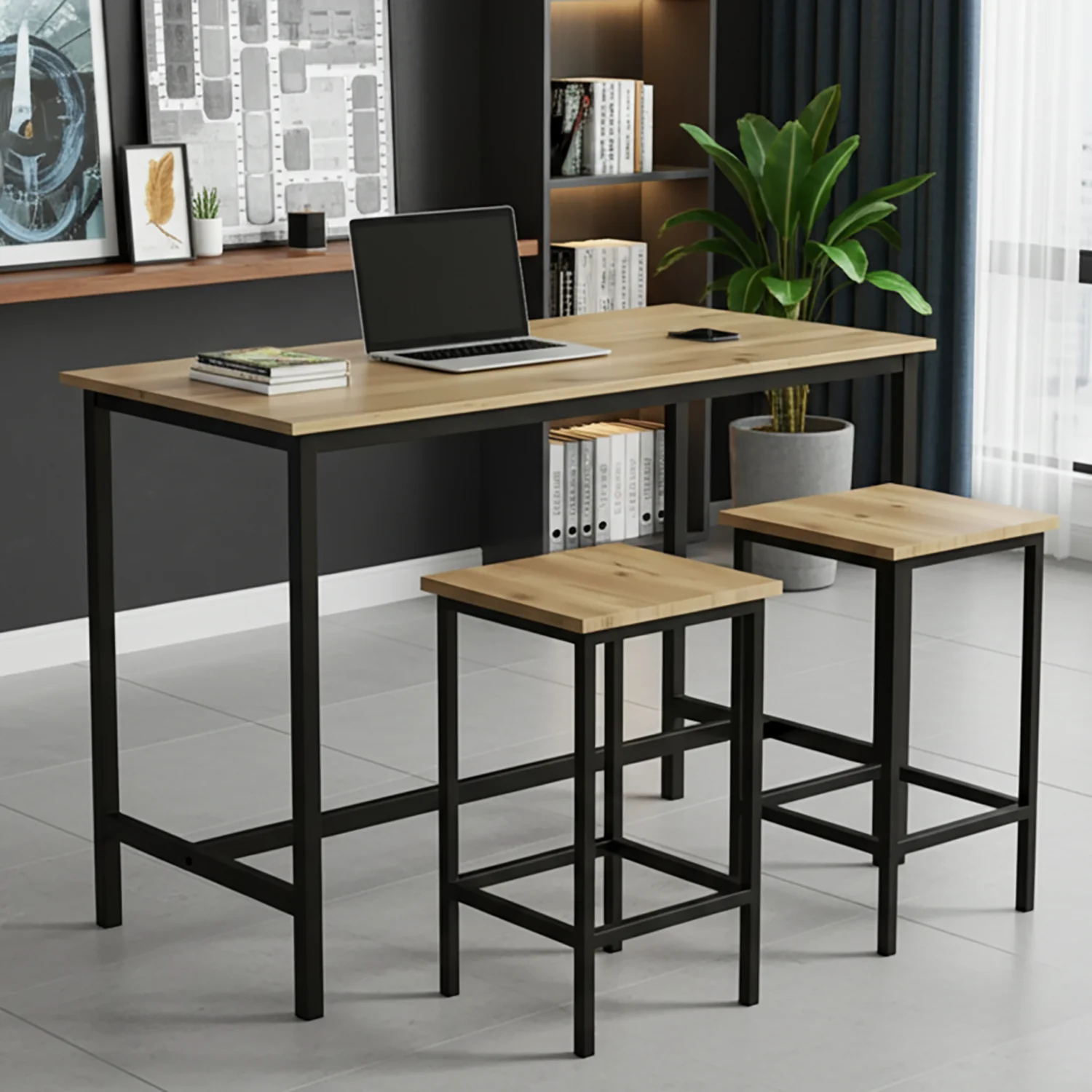 3 Piece Grandeur Premium Wood & Steel Bar Table and Stools Dinning Set (Rustic Oak) - Image 6