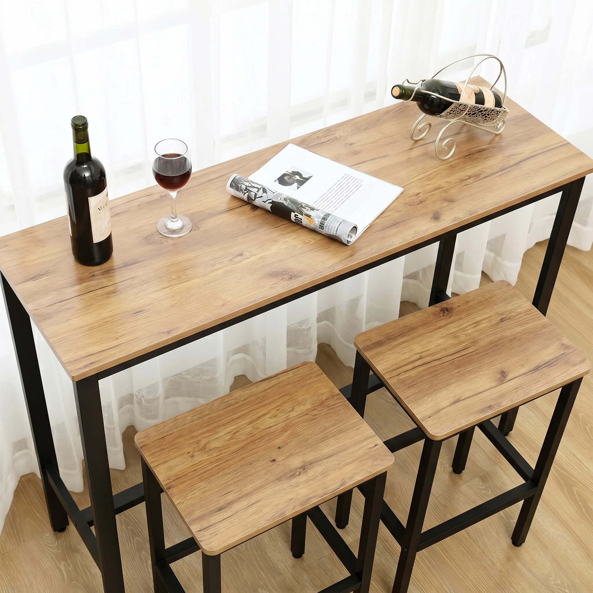 3 Piece Grandeur Premium Wood & Steel Bar Table and Stools Dinning Set (Rustic Oak) - Image 7