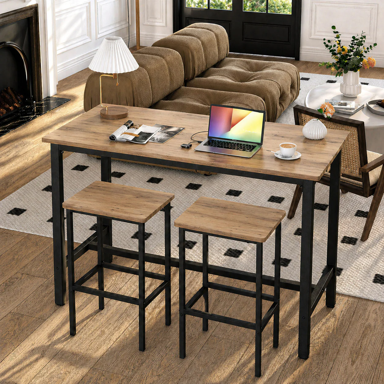 3 Piece Grandeur Premium Wood & Steel Bar Table and Stools Dinning Set (Rustic Oak) - Image 8