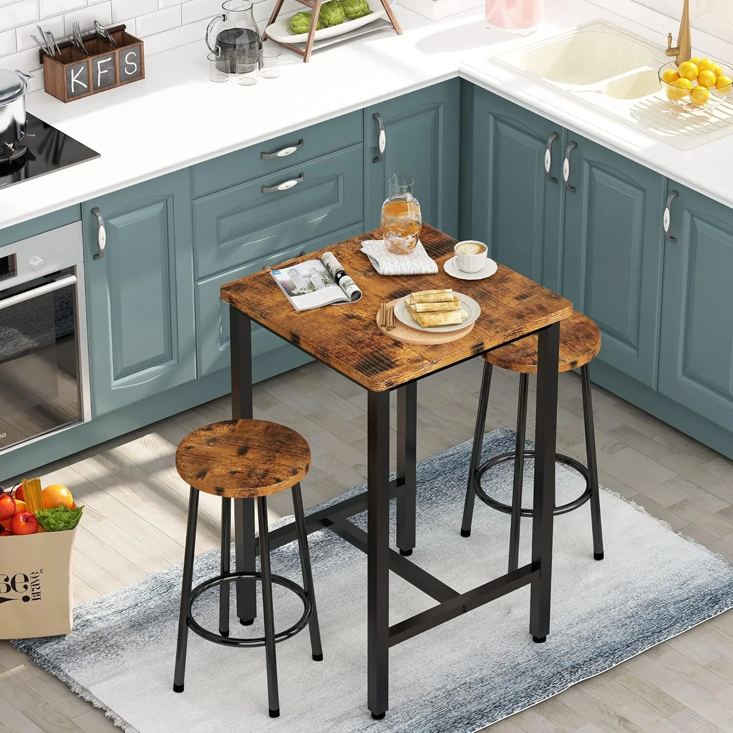 3 Piece Mastery Premium Rustic Wood & Steel Dining Set Bar Table and Stools - Image 10