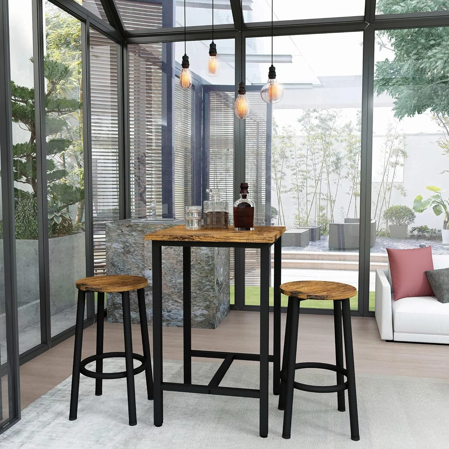 3 Piece Mastery Premium Rustic Wood & Steel Dining Set Bar Table and Stools - Image 14