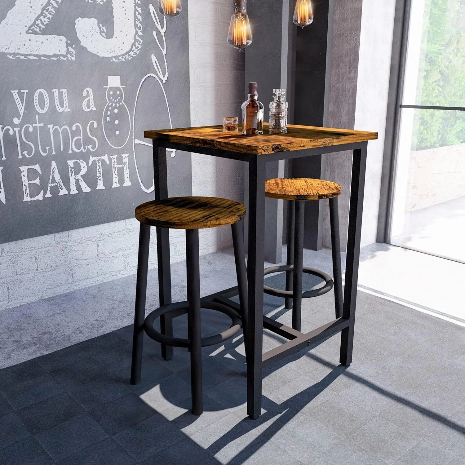 3 Piece Mastery Premium Rustic Wood & Steel Dining Set Bar Table and Stools - Image 16