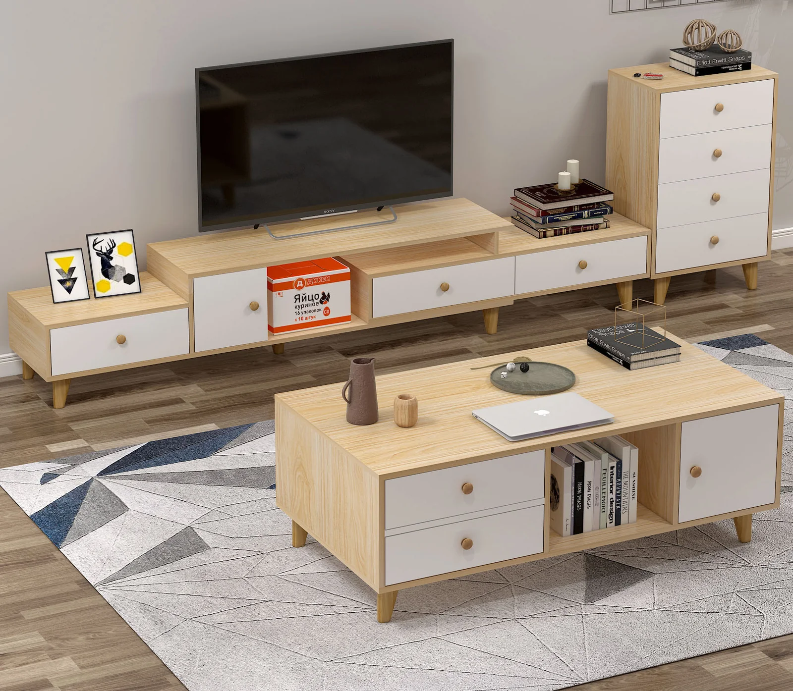 3-Piece Set Deluxe Unity Wooden TV Cabinet, Coffee Table & Chest of Drawers Living Room Package Suite - Image 11