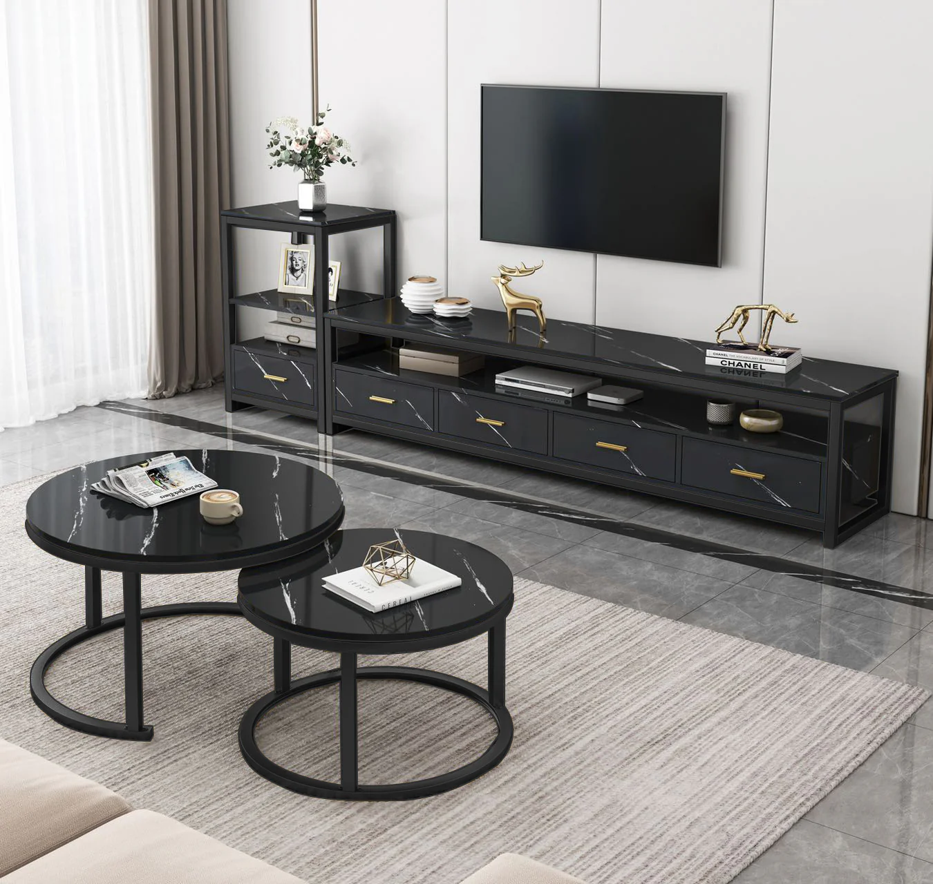3-Piece Set Synergy Luxury Marble Look Coffee Table, TV Cabinet & Side Table (Black) - Image 13
