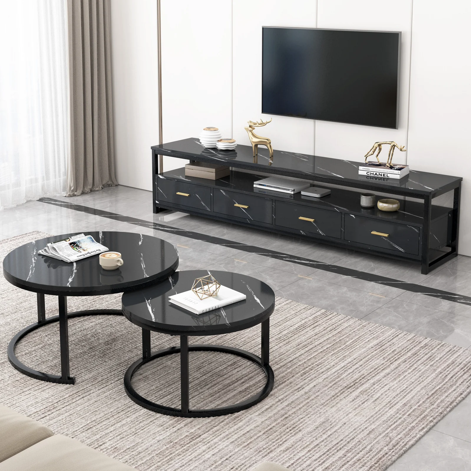 3-Piece Set Synergy Luxury Marble Look Coffee Table, TV Cabinet & Side Table (Black) - Image 8