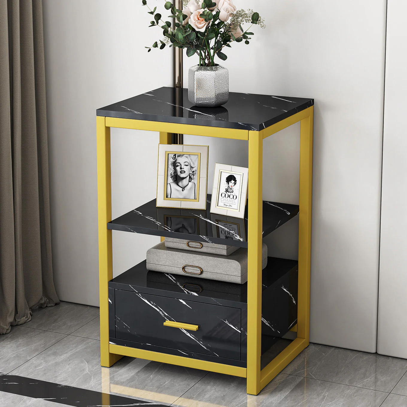 3-Piece Set Synergy Luxury Marble Look Coffee Table, TV Cabinet & Side Table (Black) - Image 13