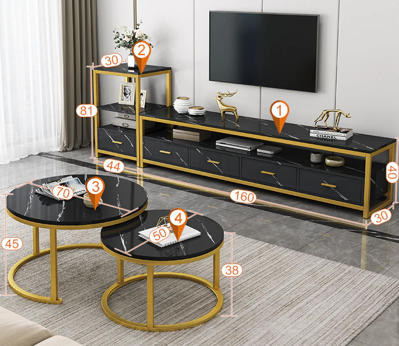 3-Piece Set Synergy Luxury Marble Look Coffee Table, TV Cabinet & Side Table (Black) - Image 8