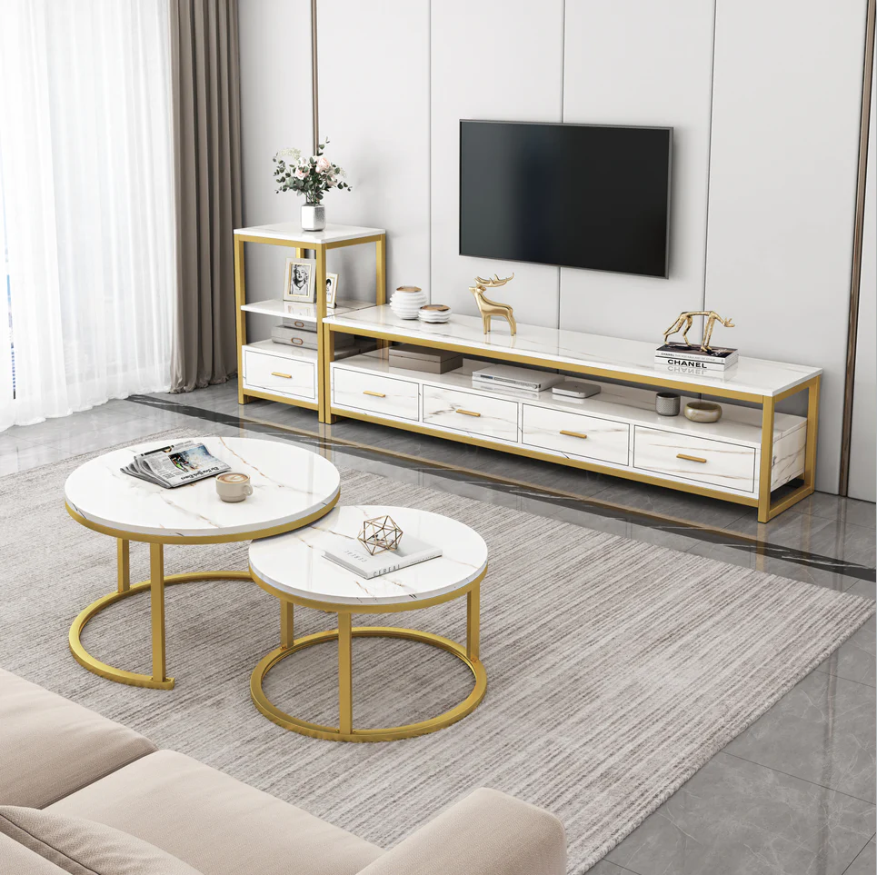 3-Piece Set Synergy Luxury Marble Look Coffee Table, TV Cabinet & Side Table (White) - Image 2