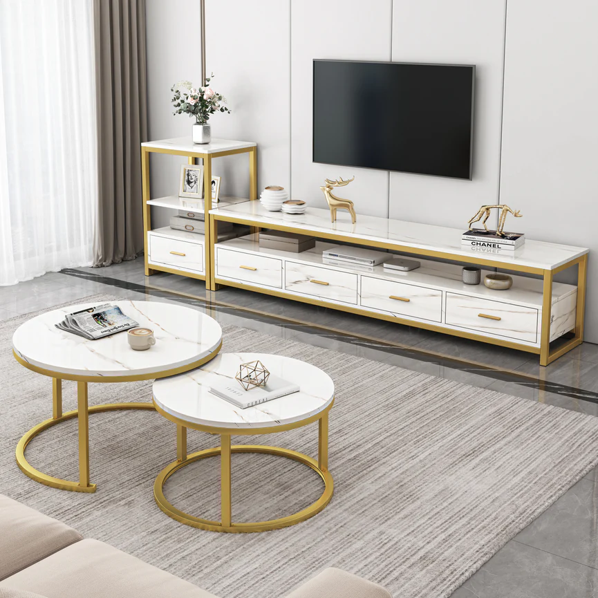 3-Piece Set Synergy Luxury Marble Look Coffee Table, TV Cabinet & Side Table (White) - Image 20