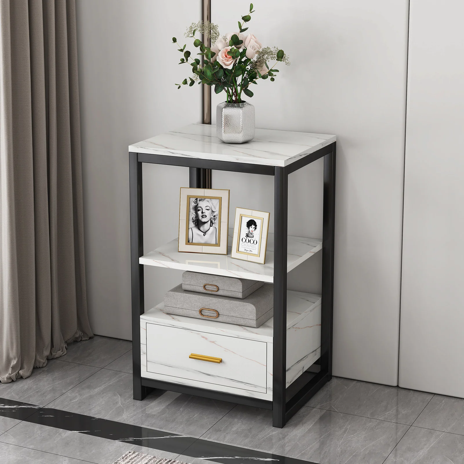 3-Piece Set Synergy Luxury Marble Look Coffee Table, TV Cabinet & Side Table (White) - Image 10