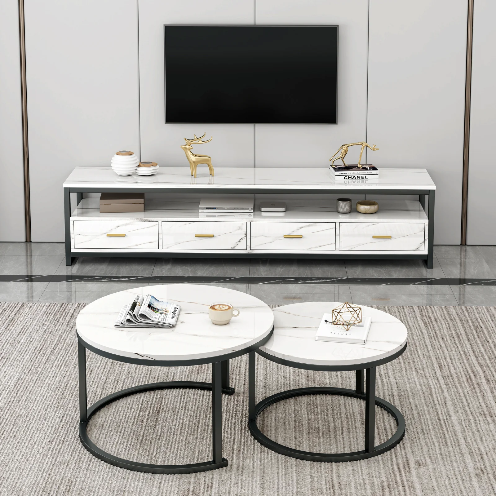 3-Piece Set Synergy Luxury Marble Look Coffee Table, TV Cabinet & Side Table (White) - Image 3