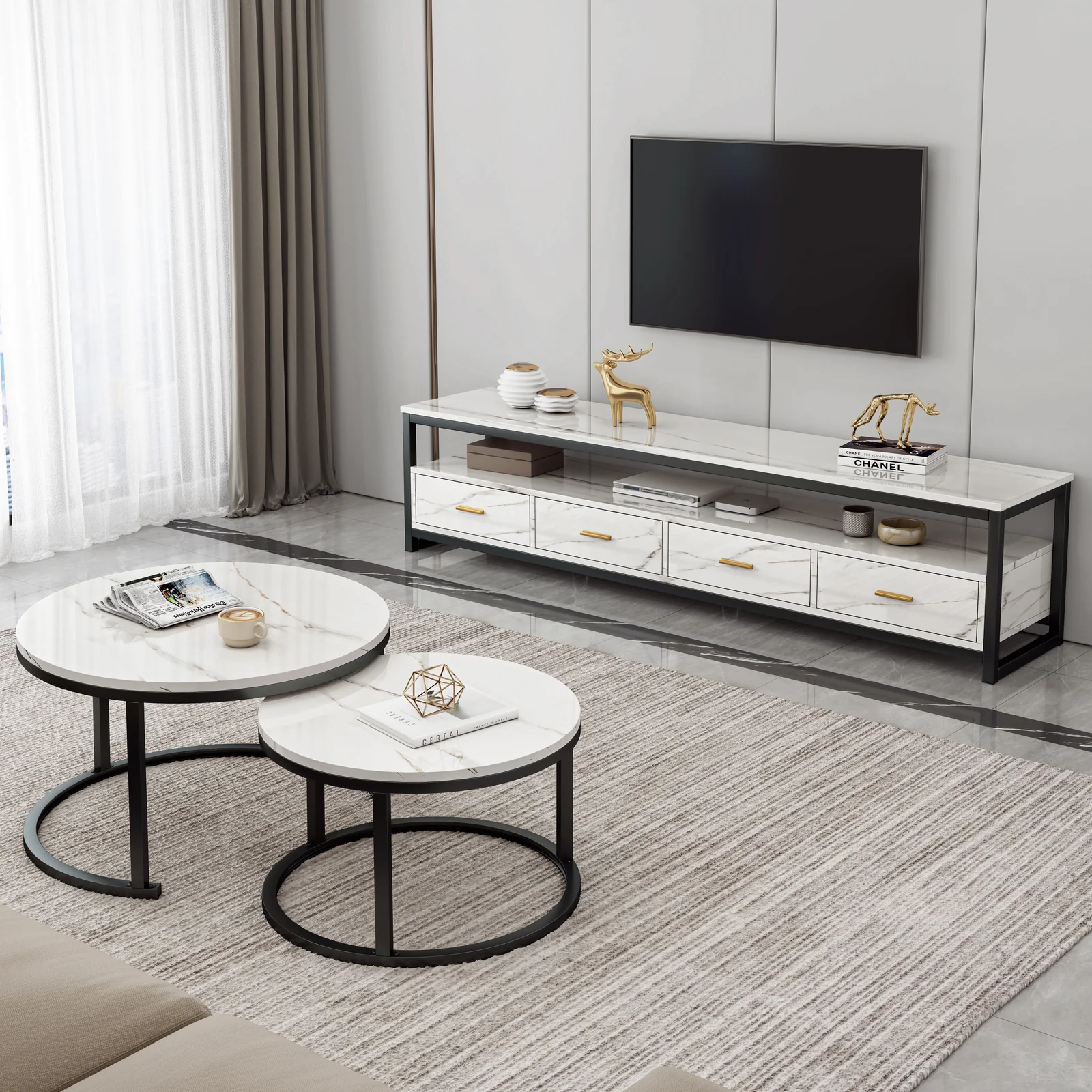 3-Piece Set Synergy Luxury Marble Look Coffee Table, TV Cabinet & Side Table (White) - Image 4