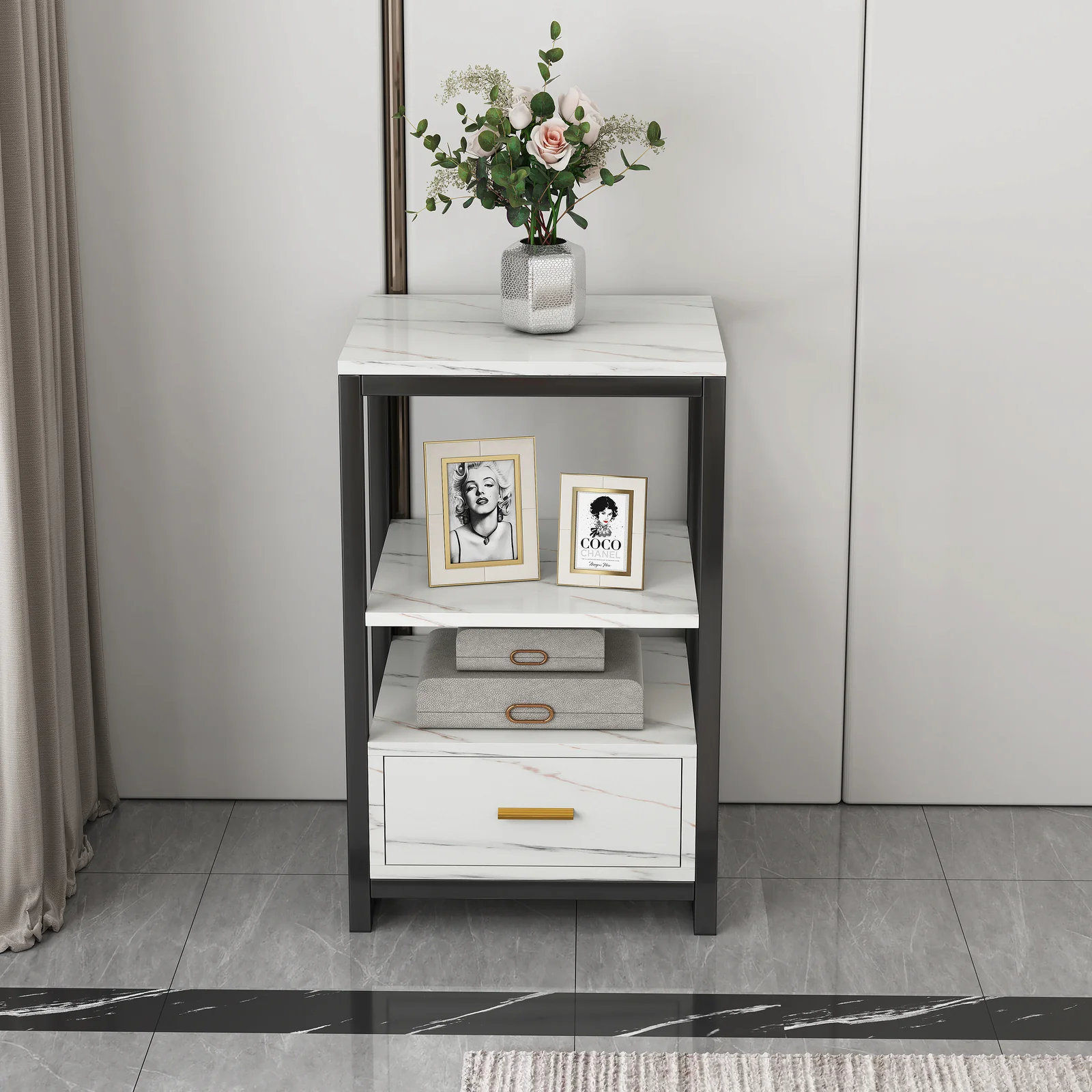 3-Piece Set Synergy Luxury Marble Look Coffee Table, TV Cabinet & Side Table (White) - Image 5