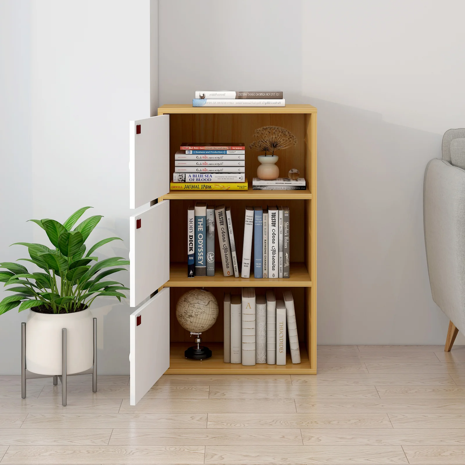 3-Tier Cascade Organizer Storage Cabinet Bookcase with Doors - Image 3