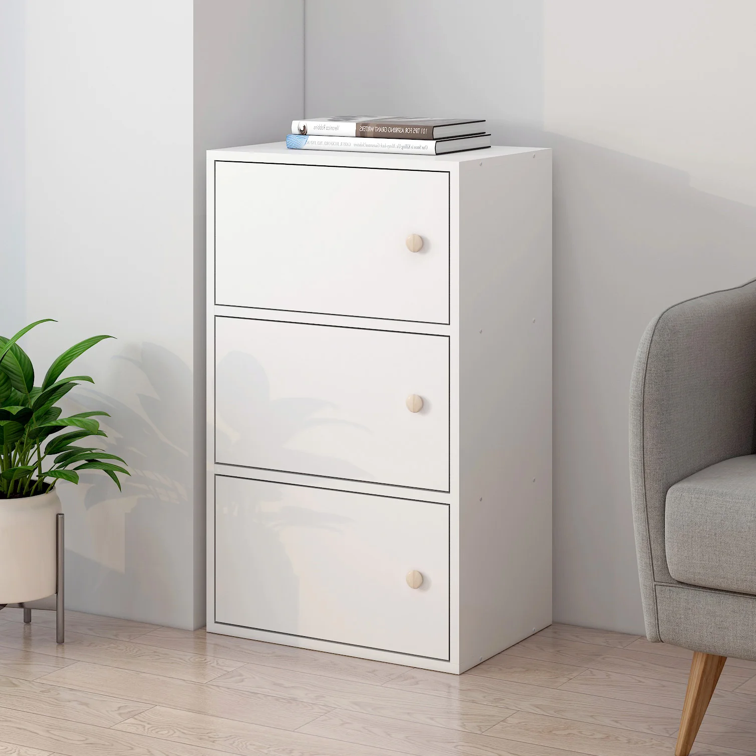 3-Tier Cascade Organizer Storage Cabinet Bookcase with Doors (White) - Image 4