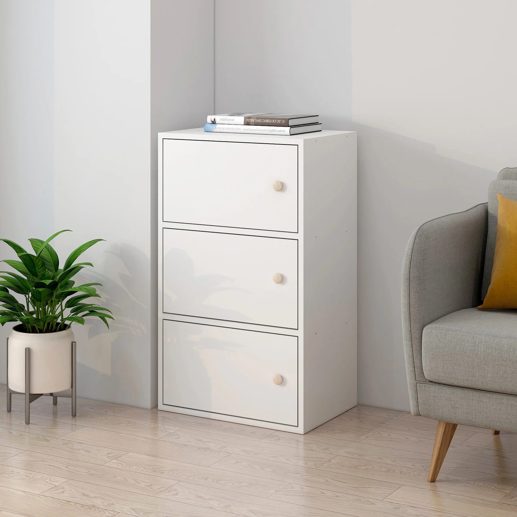 3-Tier Cascade Organizer Storage Cabinet Bookcase with Doors (White) - Image 5
