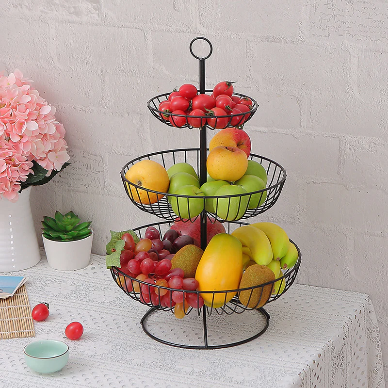 3-Tier Luxe Metal Fruit Basket Plate Bowl Kitchen Buffet Food Tray (Black) - Image 3