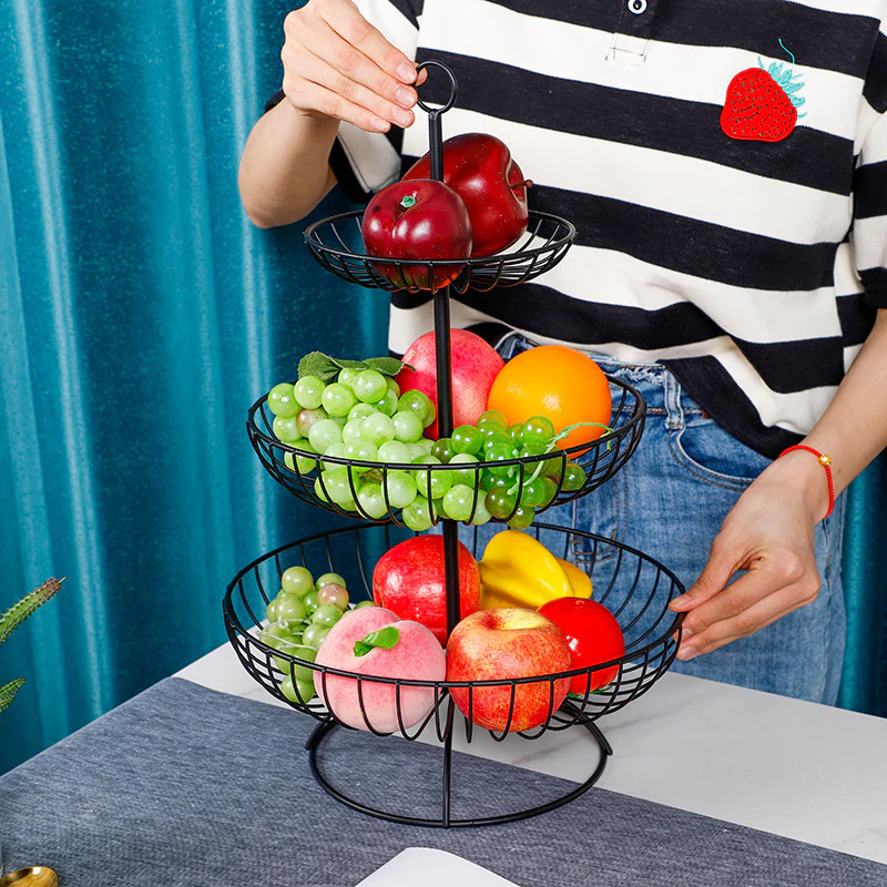 3-Tier Luxe Metal Fruit Basket Plate Bowl Kitchen Buffet Food Tray (Black) - Image 4