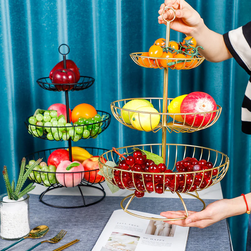 3-Tier Luxe Metal Fruit Basket Plate Bowl Kitchen Buffet Food Tray (Black) - Image 7
